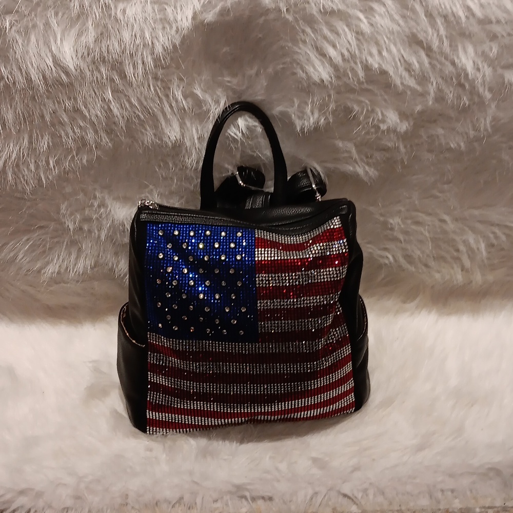 RED WHITE AND BLUE FLAG DESIGN SPARKLING RHINESTONE BACKPACK